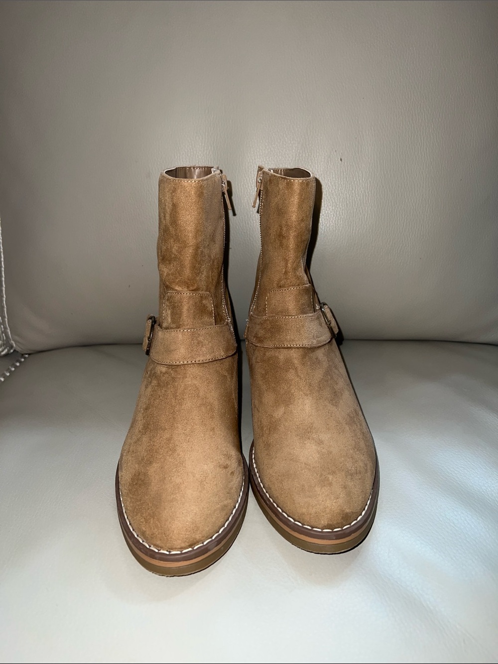 Kensie Tan Suede Ankle Booties with Side Buckle